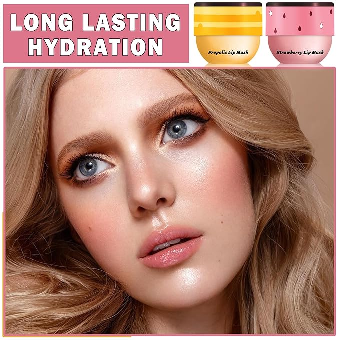 2PCS Bee Lip Balm Honey Pot Sleeping Mask - Silky Hydrating Overnight Lip Care Products - Strawberry & Honey