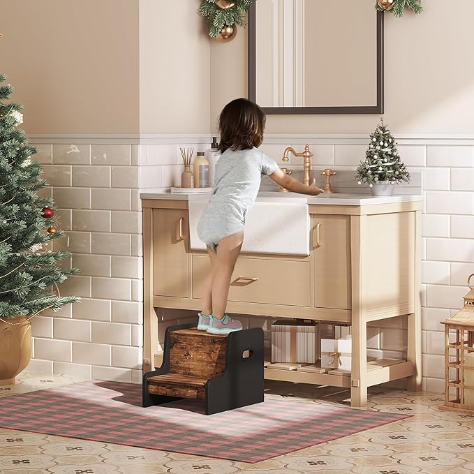HOOBRO Step Stool for Kids, Two Step Toddler's Stool, Kids Potty Training Stool with Handles, Non-Slip Pads for Safety, Easy to Move, for Sink, Bathroom, Bedroom, Rustic Brown BF01JD01G1