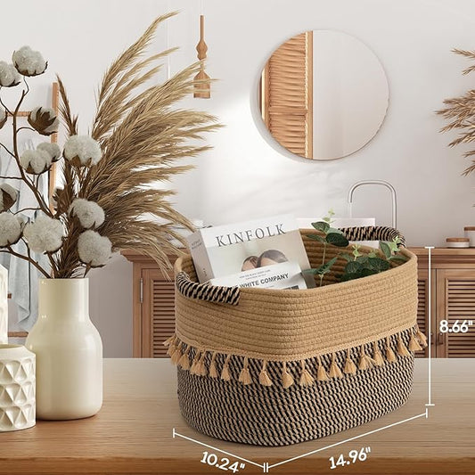 TeoKJ Set of 3 Baskets for Organizing, Decorative Rope Baskets for Storage, Storage for Pets, books, Pillows, Toys & Cloths, Black & Jute