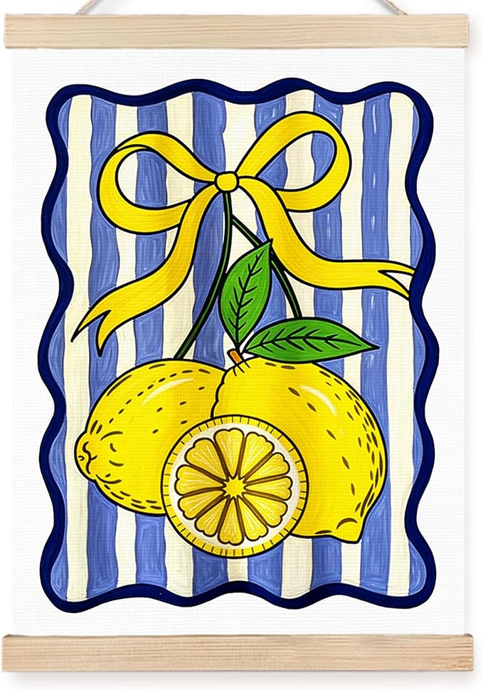 FDHSPAAM Coquette Yellow Bow Lemon Wall Art Decor, Lemon Home Decor, Blue and White Striped Fruit Wall Art Posters for Kitchen Dining Room Living Room Home, 12x16 Inch