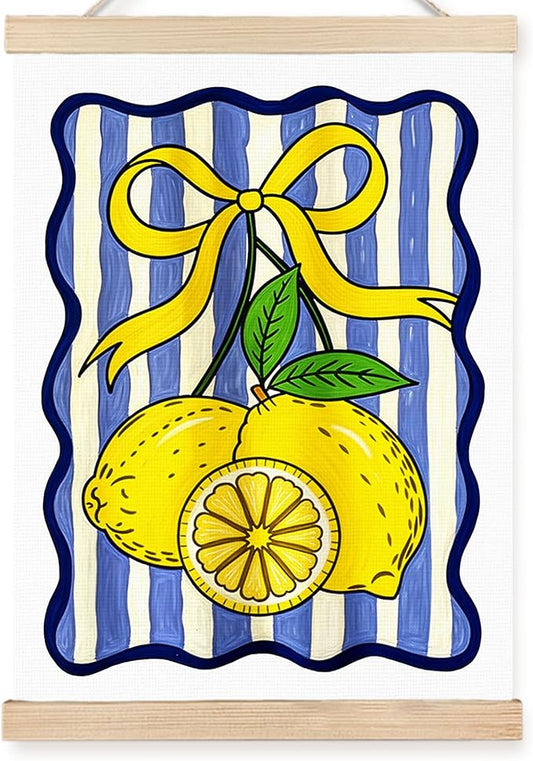 FDHSPAAM Coquette Yellow Bow Lemon Wall Art Decor, Lemon Home Decor, Blue and White Striped Fruit Wall Art Posters for Kitchen Dining Room Living Room Home, 12x16 Inch