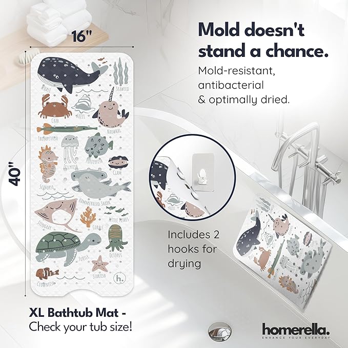 Bath Tub Mat Non Slip Anti Mold for Kids BPA Free INCL Hooks - homerella® Ocean Sea Animals 40x16, Baby Bath Mat Non Slip 200 Suction Cups, Non Toxic Machine Washable Toddler Bath Mat, EU Certified