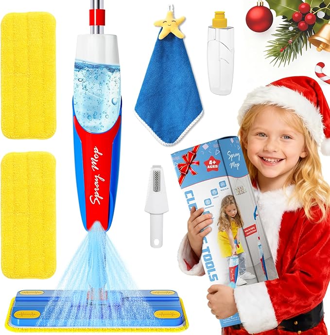Kids Cleaning Toy Set - Toddler Cleaning Set with Real Working Kids Spray Mop, Microfiber Pads, Cloth & Scraper | Role Play Educational Toys for Boys Girls, Montessori Toddler Toys Gifts