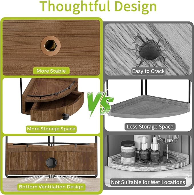 2-Tier Corner Bathroom Counter Organizer with Drawer & Embedded Screw Holes - Wooden Countertop Organizers for Skincare, Makeup Storage, Bathroom Sink Counter Shelf for Vanity, Dark Brown