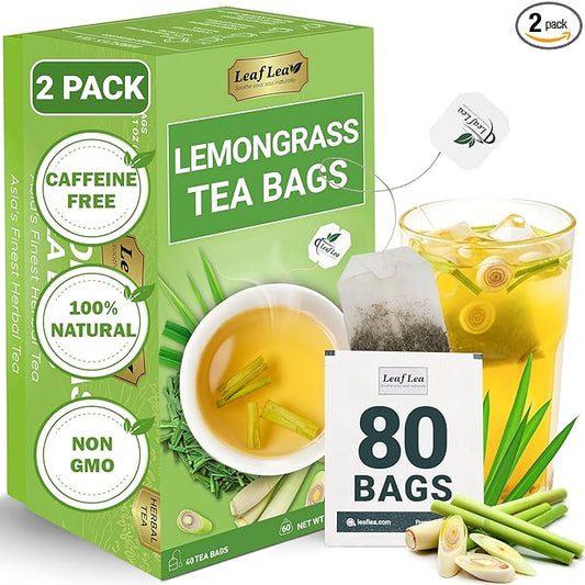 LeafLea 80 Premium Lemongrass Tea Bags, Natural Herbal Lemongrass Leaves, Te de Limoncillo for Digestion Support, Light & Soothing Taste, Caffeine-Free, Sugar-Free, Vegan, Individually Wrapped