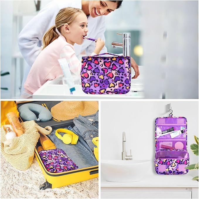 Kids Hanging Toiletry Bag for Girls, Travel Toiletry Bag for Little Young Girls Cosmetic Makeup Waterproof Wash Bag Toddler Traveling Toiletries, Leopard Purple