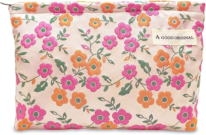 STARDW Aesthetic Floral Makeup Bag Cute Small Cosmetic Bags for Women Girls, Travel Toiletry Bag Large Capacity Zipper Makeup Pouch, Purse Organizer Pouches (Pink Flowers)