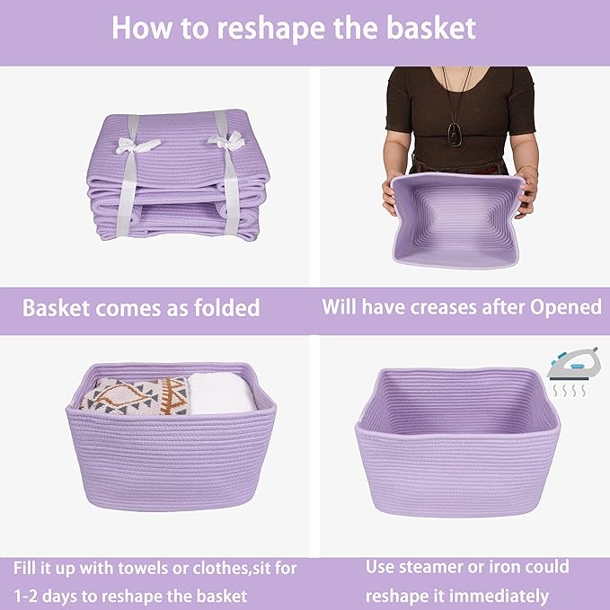 Cotton Rope storage Basket Bins Woven Basket for Organizing Shelves 14.5X9.5X9.3" Rectangle Decorative Baskets For storage Clothes Toys Books Towels Nursery basket organizer 3 pack purple or lavender
