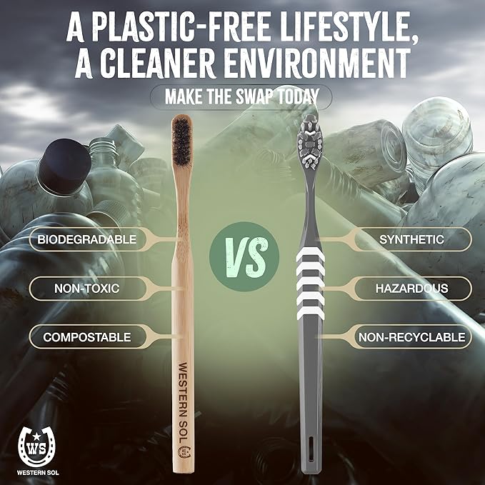 Western SOL Horse Bristle Bamboo Toothbrushes (4-Pack) – Plastic-Free, Biodegradable, Eco-Friendly Toothbrush Set – No Chemicals