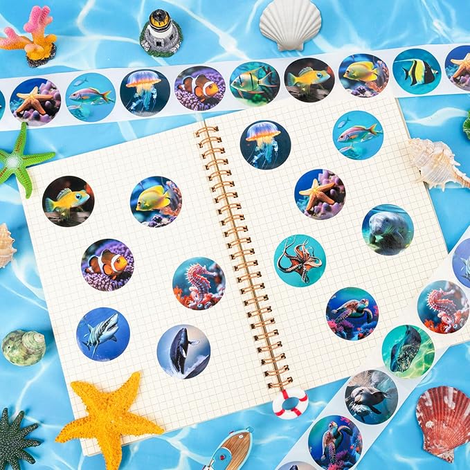 1200Pcs Roll Ocean Stickers Round Sea Animals Stickers for Kids Fish Sticker for Water Bottle Teacher Reward School Supplies Incentives (16 Styles)