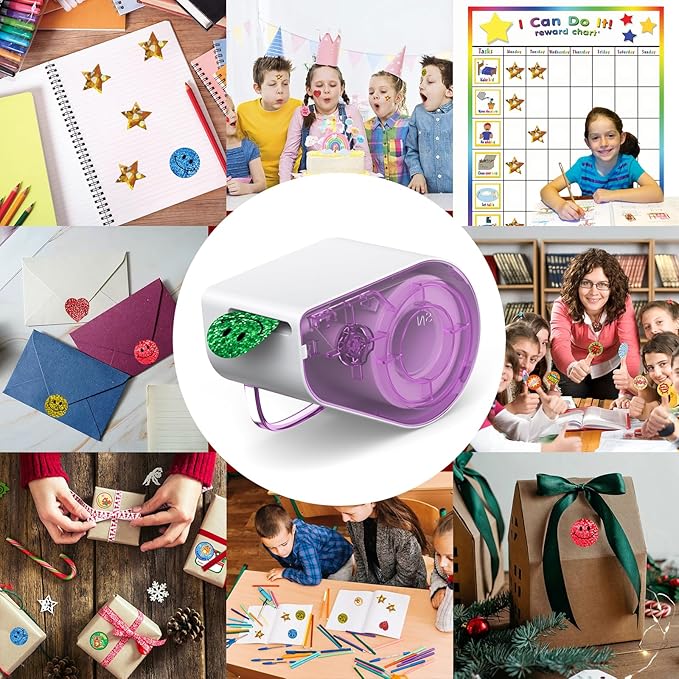 Manual Sticker Dispenser for Rolls of Stickers with 1520Pcs 1Inch Gold Star,Red Heart,Smiley Face Stickers for Kids Reward,Behavior Chart,School Classroom Student Teacher Supplies Gift(Purple)