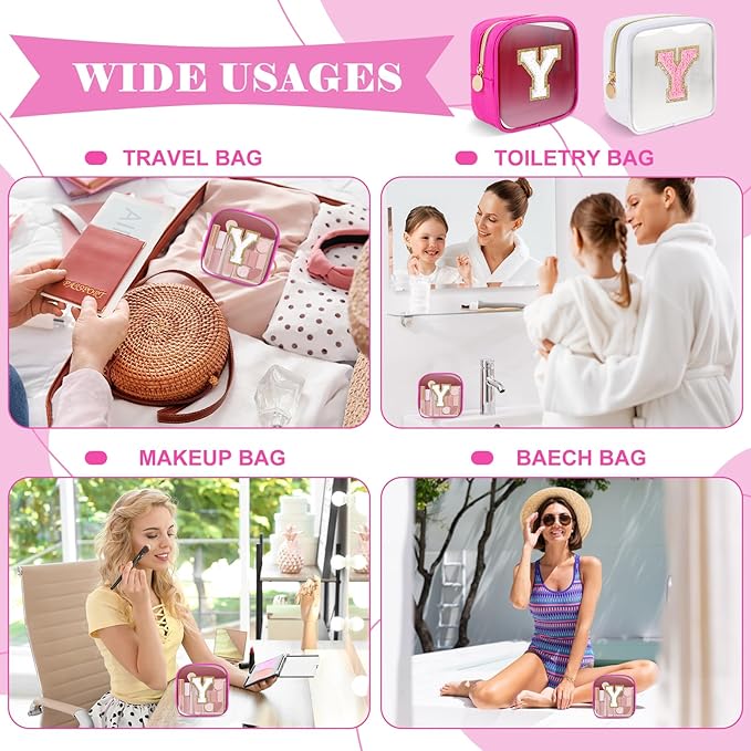 Personalized Initial Letter Clear Preppy Makeup Bag,Mini Nylon Chenille Letter Cosmetic Bag Cute Zipper Pouch Coin Purse for Teen Girls,Portable TSA Approved Travel Essentials Bag Gift for Women,Y