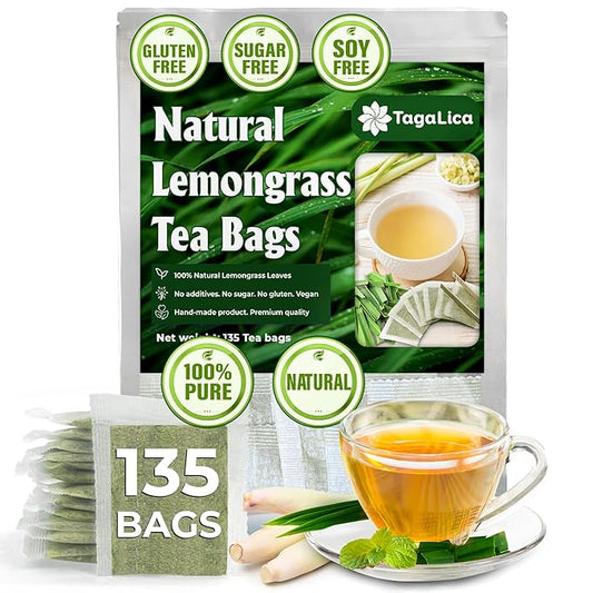 135 Lemongrass Tea Bags, 100% Natural & Pure Lemongrass leaves, Eco-Conscious Tea Bags, Lemongrass Herbal Tea. Lemongrass Leaf Tea. No Sugar, No Caffeine, No Gluten, Vegan.