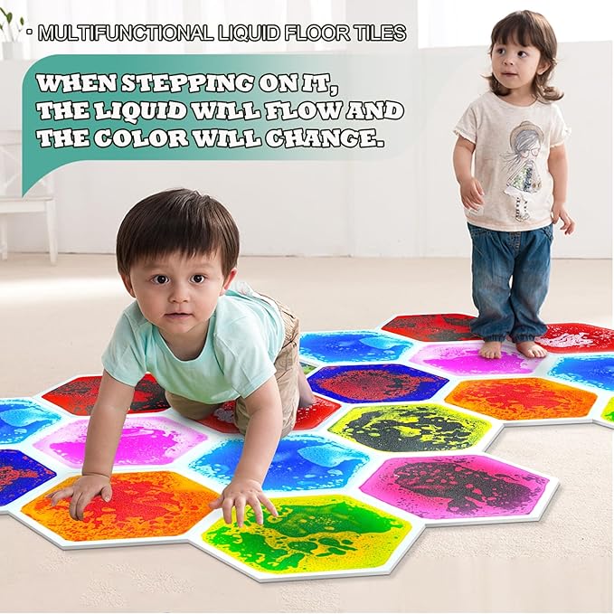 Liquid Sensory Floor Tiles - 9 PCS Hexagon Sensory Floor Pads for Kids Aged Over Three Years Old