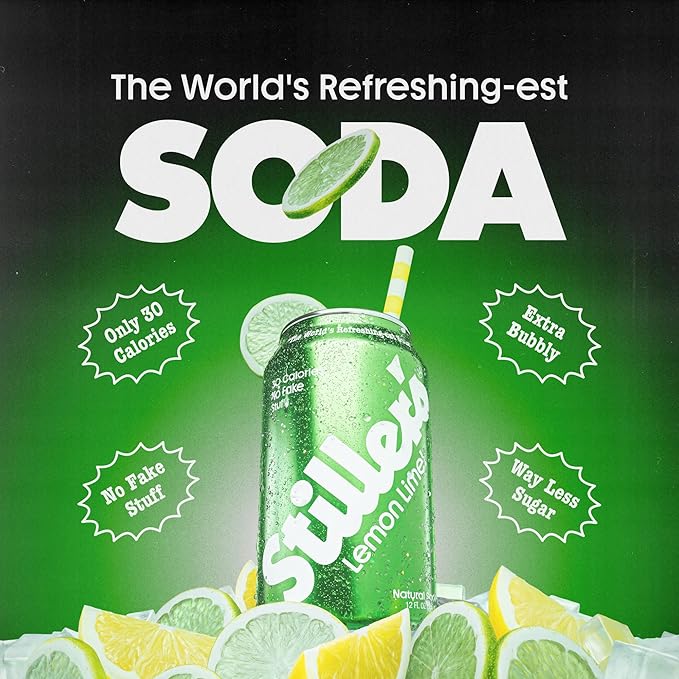 Stiller’s Lemon Lime Soda, 12 Pack Cans of Low Sugar Sparkling Soda Natural Lemon Lime Drink with Vitamins, Stevia Soda, Caffeine-Free, Alternative to Diet Soda