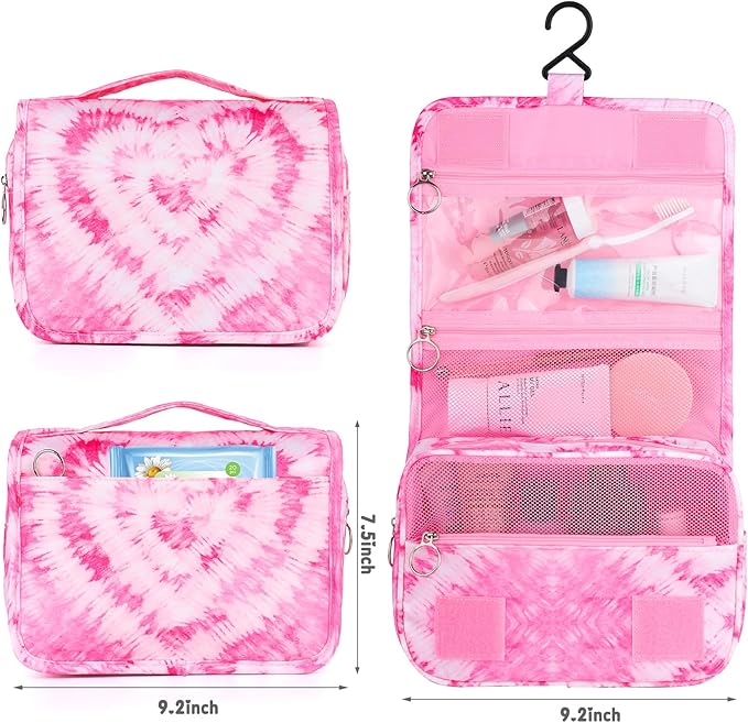 Kids Hanging Toiletry Bag for Girls, Travel Toiletry Bag for Teen Girls Cosmetic Makeup Waterproof Wash Bag Traveling Toiletries, Tie Dye Pink Heart
