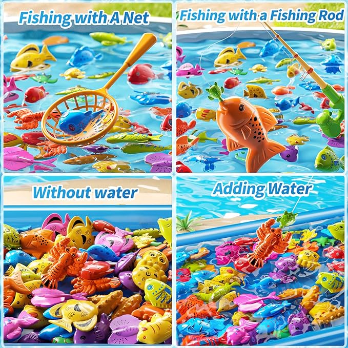 Magnetic Fishing Game Pool Toys Set for Kids 3-5, Water Table Bathtub Toys with Inflatable Pool Pole Rod Net Plastic Floating Fish, Outdoor Toys for Kids Boys Girls Age 3 4 5 6 7 8 Year Old