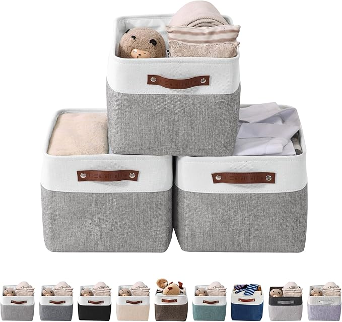 DECOMOMO Storage Baskets for Shelves - Fabric Storage Bins, Linen Closet Organizers and Storage (Grey & White, Large - 4 Pack)