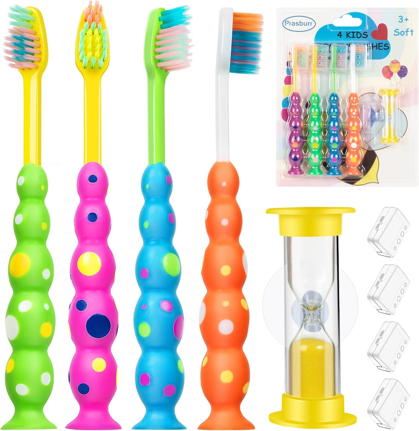 Kids Toothbrush, Toddler Toothbrush Age 2-4 and Older, with Suction Timer, Children Sized Brush Heads (3-10 Year Old), Flossing Bristles, Pack of 4