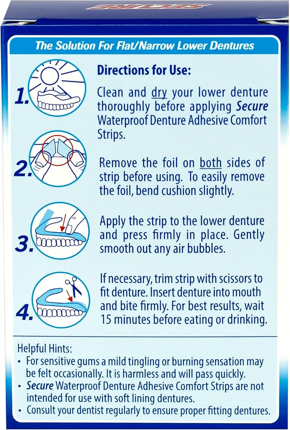 Secure Denture Adhesive Strips – Zinc Free – Waterproof – Comfortable Cushion Fit for Lowers – Extra Firm All-Day-Hold – No Mess – Clean Ingredients - 30 Strips (2 Pack)