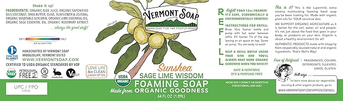 Vermont Soap Organic Sage Lime Wisdom Foaming Hand Soap - Natural Moisturizing Soap for Dry Skin - Fragrance Free Liquid Bathroom Hand Soap - Sage Lime Wisdom - 64 oz