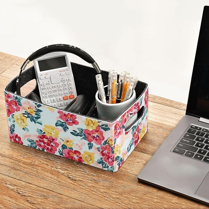 Kcldeci Rose Floral Flower Green Leaf Storage Bins Baskets for Organizing 2Pack, Sturdy Storage Basket Foldable Storage Baskets for Shelves Closet Nursery Toy