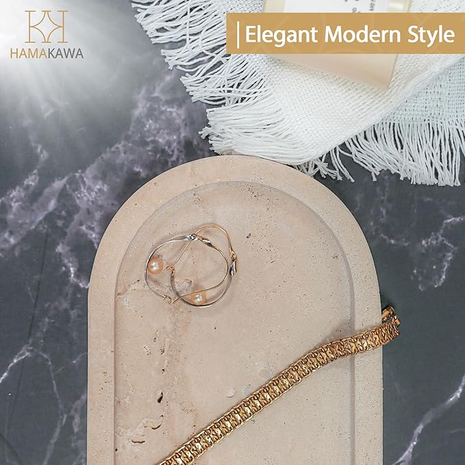 Bathroom Vanity Tray, Natural Marble Oval Sink Tray 10 Inch, Beige Travertine Vanity Tray for Soap Dispenser Modern Countertop Organizer for Kitchen Countertops, Home Decor