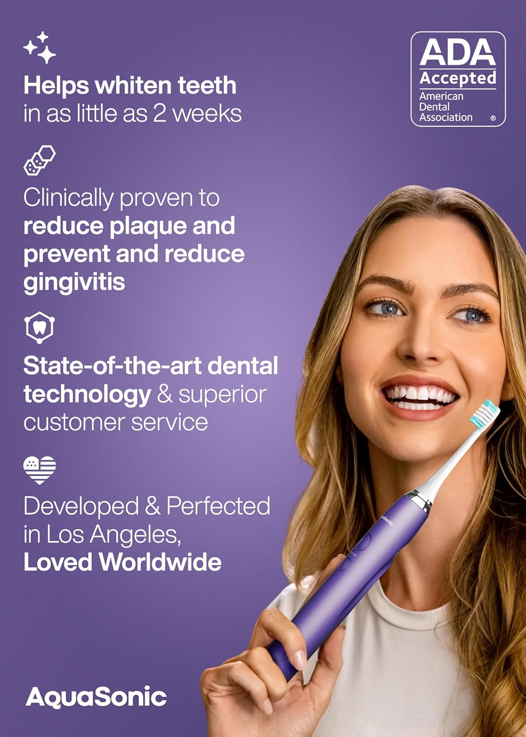 Aquasonic Vibe Series Ultra-Whitening Toothbrush – ADA Accepted Electric Toothbrush - 8 Brush Heads & Travel Case – 40,000 VPM Motor & Wireless Charging - 4 Modes w Smart Timer – Satin Violet