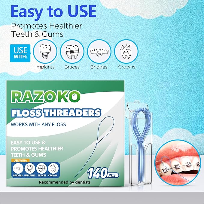 RAZOKO Floss Threaders | Dental Floss Threaders for Braces, Bridges, and Implants |140PCS (Pack of 2)