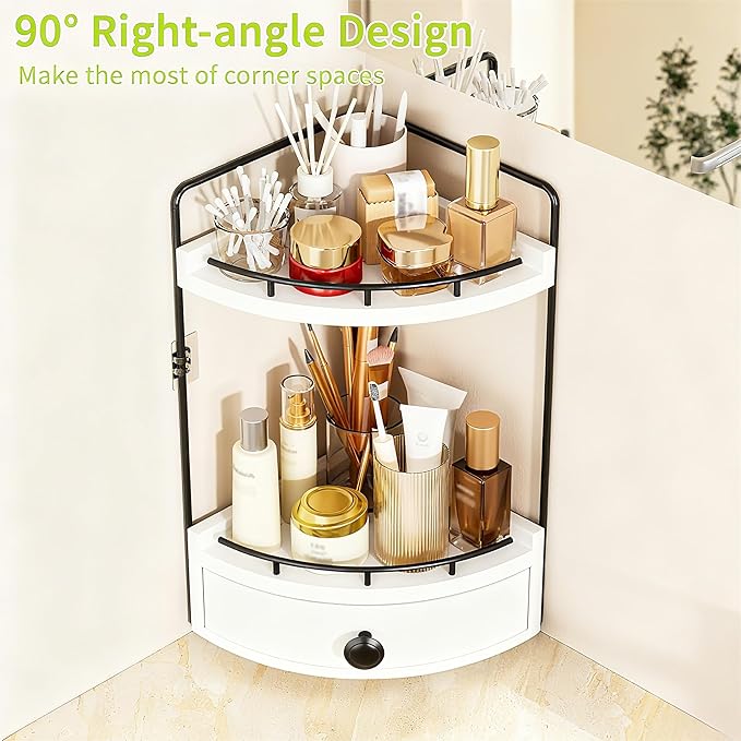 2-Tier Corner Bathroom Counter Organizer with Drawer & Embedded Screw Holes - Wooden Countertop Organizers for Skincare, Makeup Storage, Bathroom Sink Counter Shelf for Vanity, White