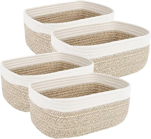 4-Piece Storage Shelf Basket Set, Natural Cotton Rope Woven Basket with Handle, Decorative Rectangle Organizer Bin for Home, Nursery, Montessori, Pet Toy Storage and Bathroom Organization, White&Brown