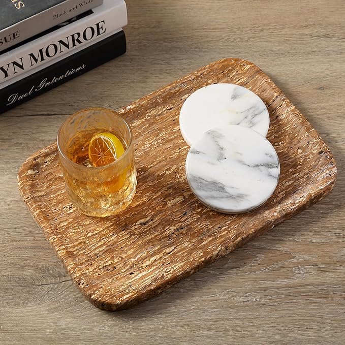 Natural Marble Vanity Tray, 11.8" Travertine/Stone Bathroom Tray Countertop, Golden Stone for Perfume Jewelry Holder, Decorative Dresser Organizer, Storage for Kitchen Sink(Walnut Traver)