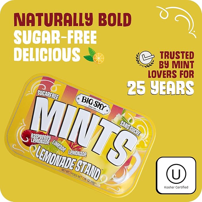 Big Sky Sugar Free Lemonade Stand Mints - 50 Count Tin (Pack of 6) | Kosher Certified, Vegan Candy | Aspartame & Gluten Free | Lemon Mint Flavored Sugar Free Mints for Travel, Sharing & Fresh Breath