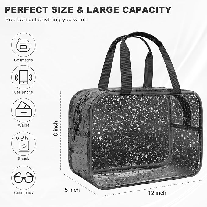 Clear Black Star Large Makeup Bag with Star Pattern 12x5x8 inch, Travel Cosmetic Bag with Handle, Durable PVC Material Washbag Zipper Opening Design for Makeup Travel Organizer or Gym Use