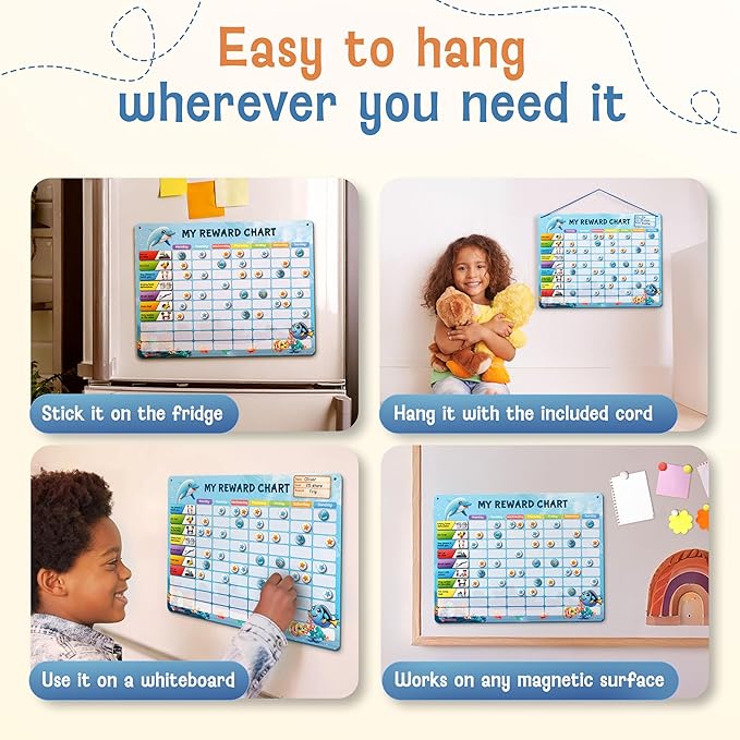 Magnetic Reward Chart for Kids with 280 Magnets - Behavior Chart for Kids at Home - Responsibility Reward Chart - Chore Chart - Visual Schedule - Ideal for Ages 3-9, Autism, ADHD - Blue