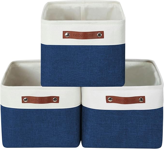 DECOMOMO Storage Baskets for Shelves - Fabric Storage Bins, Linen Closet Organizers and Storage (Navy Blue & White, XL - 3 Pack)