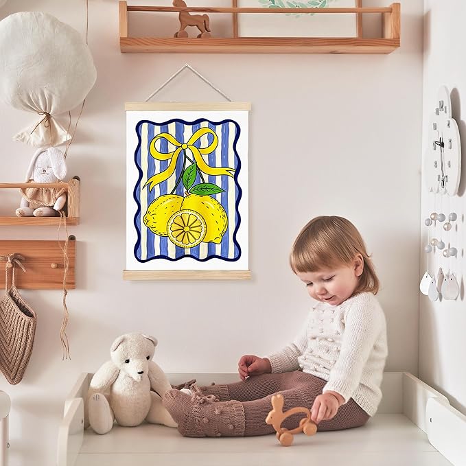 FDHSPAAM Coquette Yellow Bow Lemon Wall Art Decor, Lemon Home Decor, Blue and White Striped Fruit Wall Art Posters for Kitchen Dining Room Living Room Home, 12x16 Inch