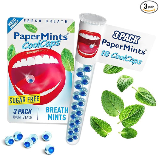 PaperMints CoolCaps - Instant Fresh Breath Mints Sugar-Free, 3 x Tubes of 18 capsules. Extreme Bad Breath Treatment for Adults