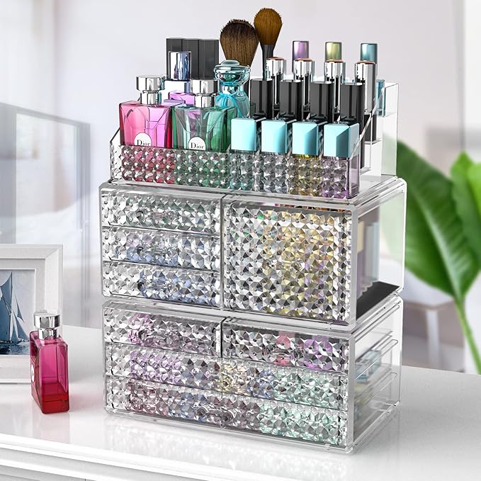 3 Pack Makeup Organizer Stackable[Upgraded], Acrylic Cosmetics Storage Cases with 8 Drawers Perfume Organizers For Brush Holder or Jewelry Display,Plus Size,Best For Vanity,Bathroom or Countertop