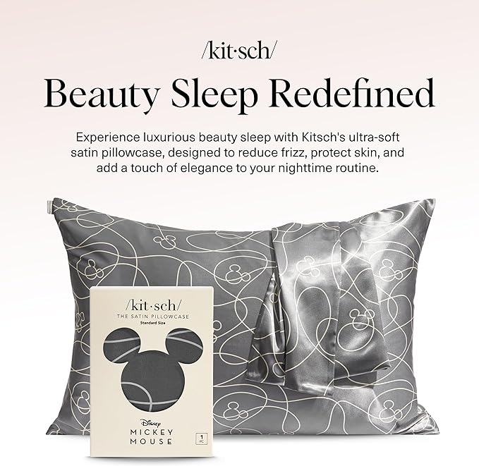Kitsch Disney Mickey Mouse Satin Pillowcase with Zipper Softer Than Silk, Cooling Pillow Case for Hair & Skin, Wrinkle-Free, Machine Washable, Queen/Standard (19x26)