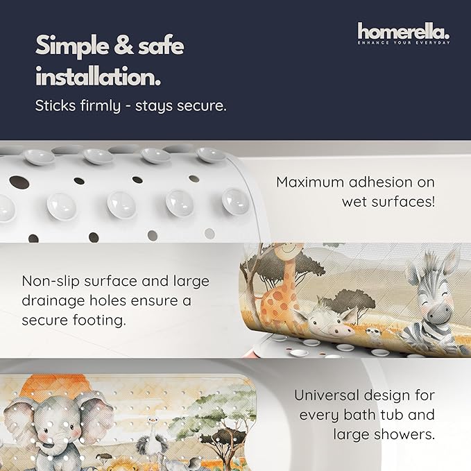 Bath Tub Mat Non Slip Anti Mold for Kids BPA Free INCL Hooks - homerella® Ocean Sea Animals 40x16, Baby Bath Mat Non Slip 200 Suction Cups, Non Toxic Machine Washable Toddler Bath Mat, EU Certified