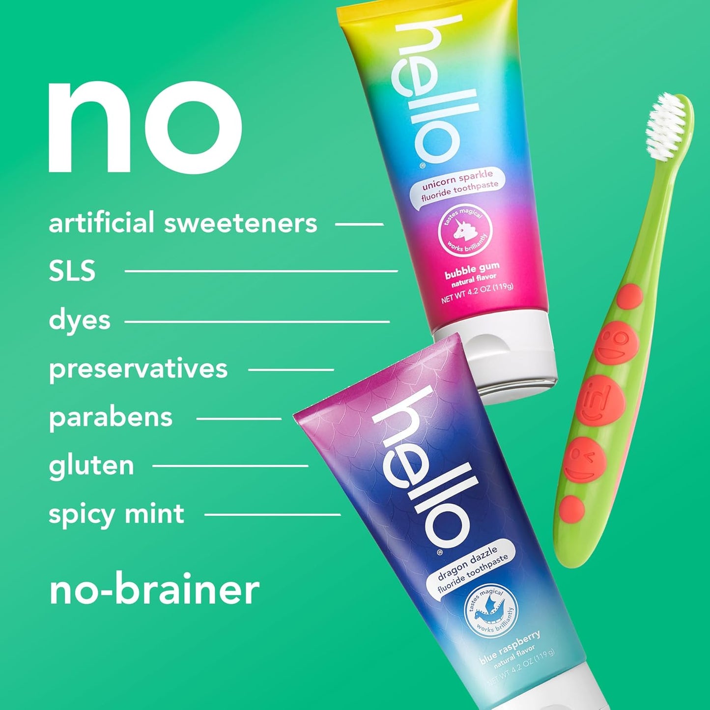 Hello Kids Toothbrush and Kids Toothpaste with Fluoride Holiday Gift Set, for Ages 3 and Older, Includes Bubblegum and Blue Raspberry Flavored Toothpastes, an Hourglass Timer, and Fun Holiday Crafts