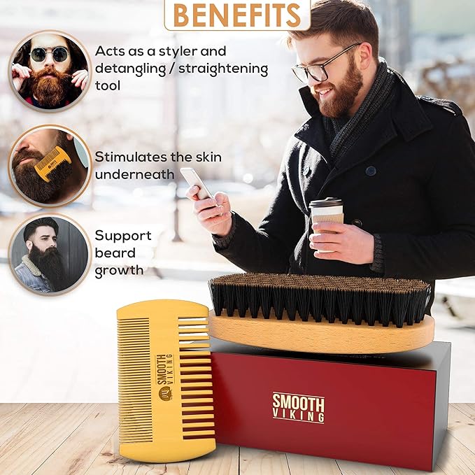 Beard Brush and Comb - Natural Boar Bristle Beard Brush & Beard Comb for Men - Facial Hair Care Gift Set for Men - Mustache Styling, Grooming & Shaping Tools