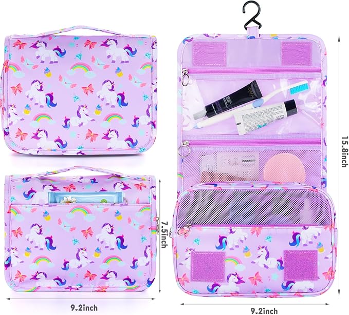 Kids Hanging Toiletry Bag for Girls, Travel Toiletry Bag for Little Young Girls Cosmetic Makeup Waterproof Wash Bag Toddler Traveling Toiletries, Unicorn Purple