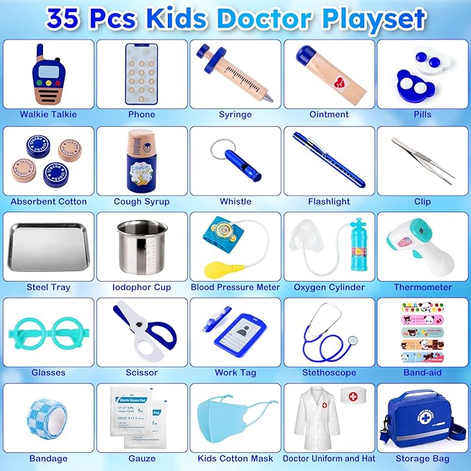 Doctor Kit for Kids, 35 Pcs Kids Doctor Kit for Toddlers 3-5 with Medical Storage Bag & Real Stethoscope, Pretend Play Doctor Set for Fun Role Playing Game