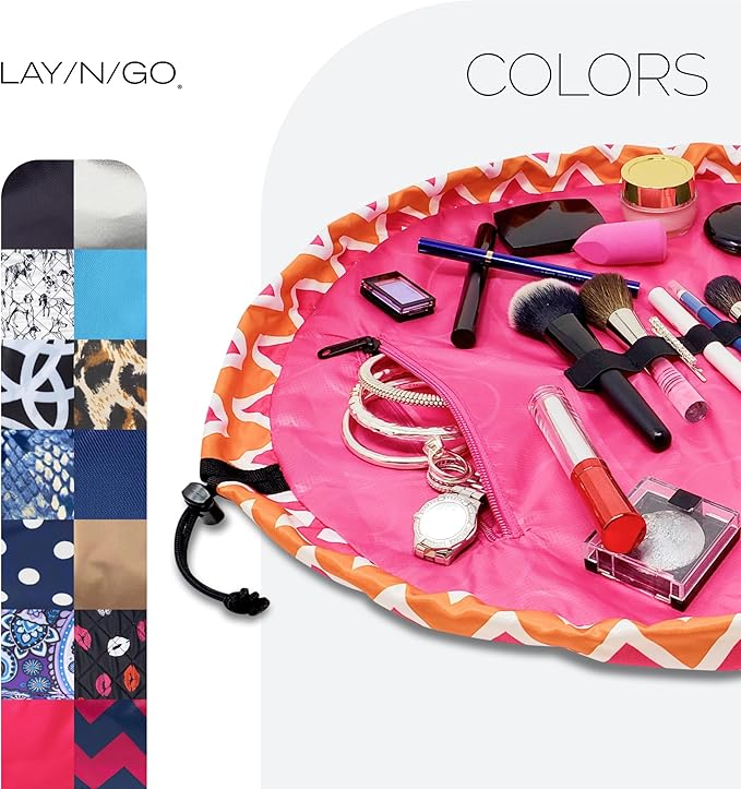 Lay-n-Go Cosmo Layflat Drawstring Cosmetic & Makeup Bag Organizer w/Zipper Pocket, Brush Loops & More, Cinch to Close, Lay Flat to Use, Durable, Machine Wash, Travel Toiletry Bag (20", Zig-Zag)