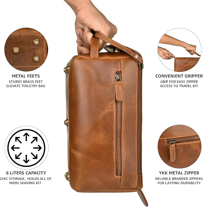 LEATHER VILLAGE Premium Leather Travel Toiletry Bag - Unisex Water-Resistant Travel Dopp Kit, Shaving & Cosmetic Organizer for Men & Women - Compact Bathroom Essentials - Tan Brown