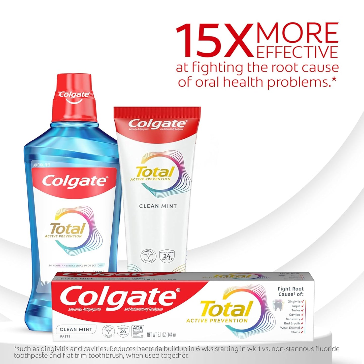 Colgate Total Clean Mint Toothpaste, 10 Benefits, No Trade-Offs, Freshens Breath, Whitens Teeth and Provides Sensitivity Relief, Clean Mint Flavor, 4 Pack, 5.1 Oz Tubes
