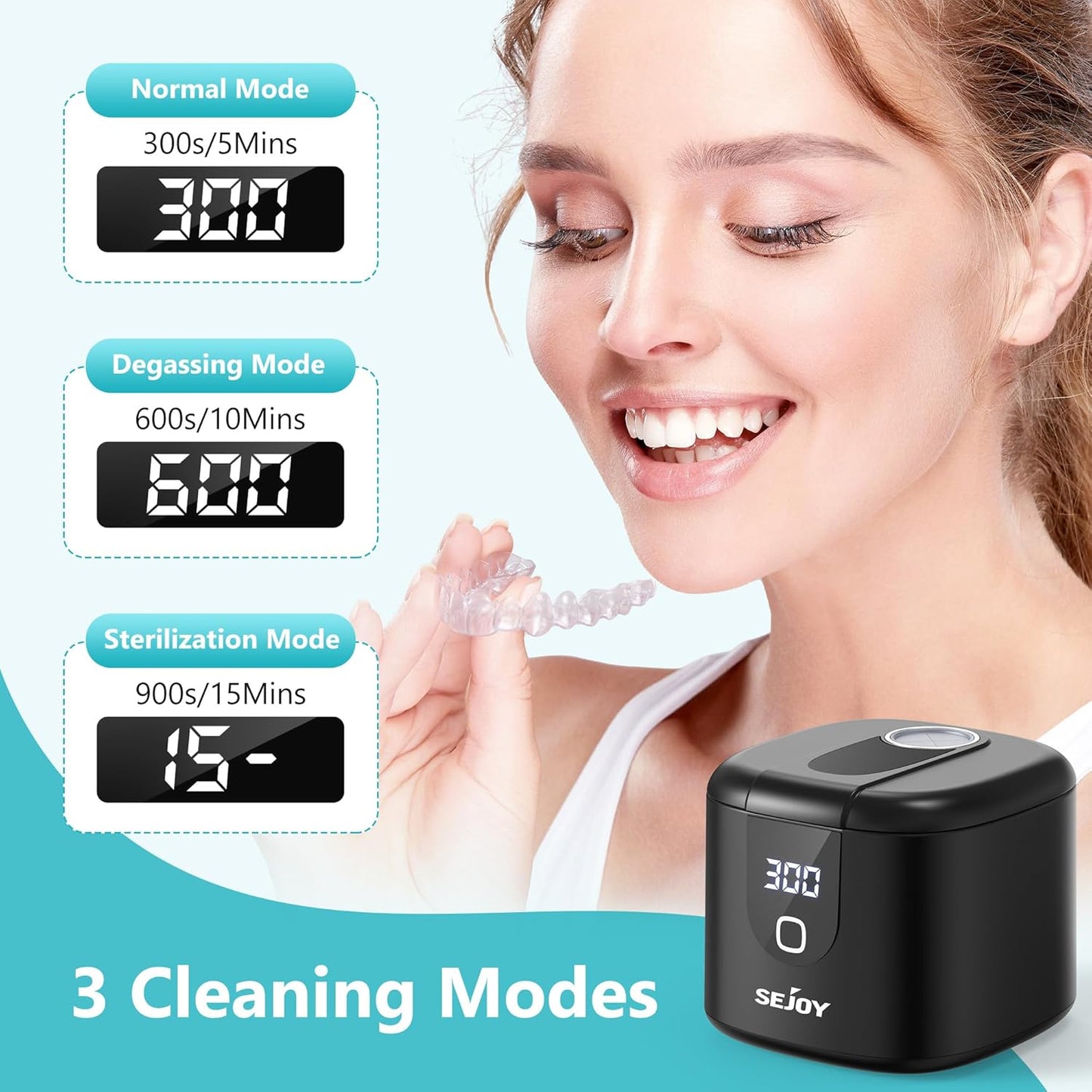Sejoy 45kHz Ultrasonic Retainer Cleaner, Double Denture Cleaning Machine with Digital Timer, Cleaner for Braces, Mouth Guards, Rings, Toothbrush