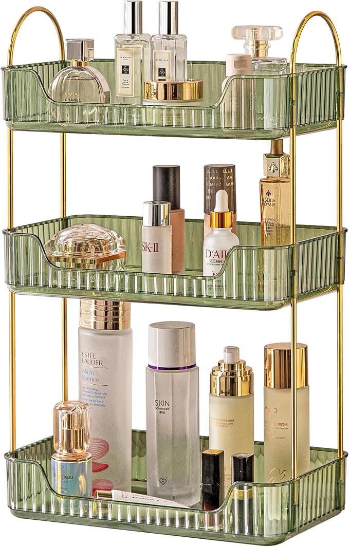 3 Tier Bathroom Organizer Countertop Makeup Perfume Tray Skincare Organizer for Bathroom Dresser Vanity (Green)